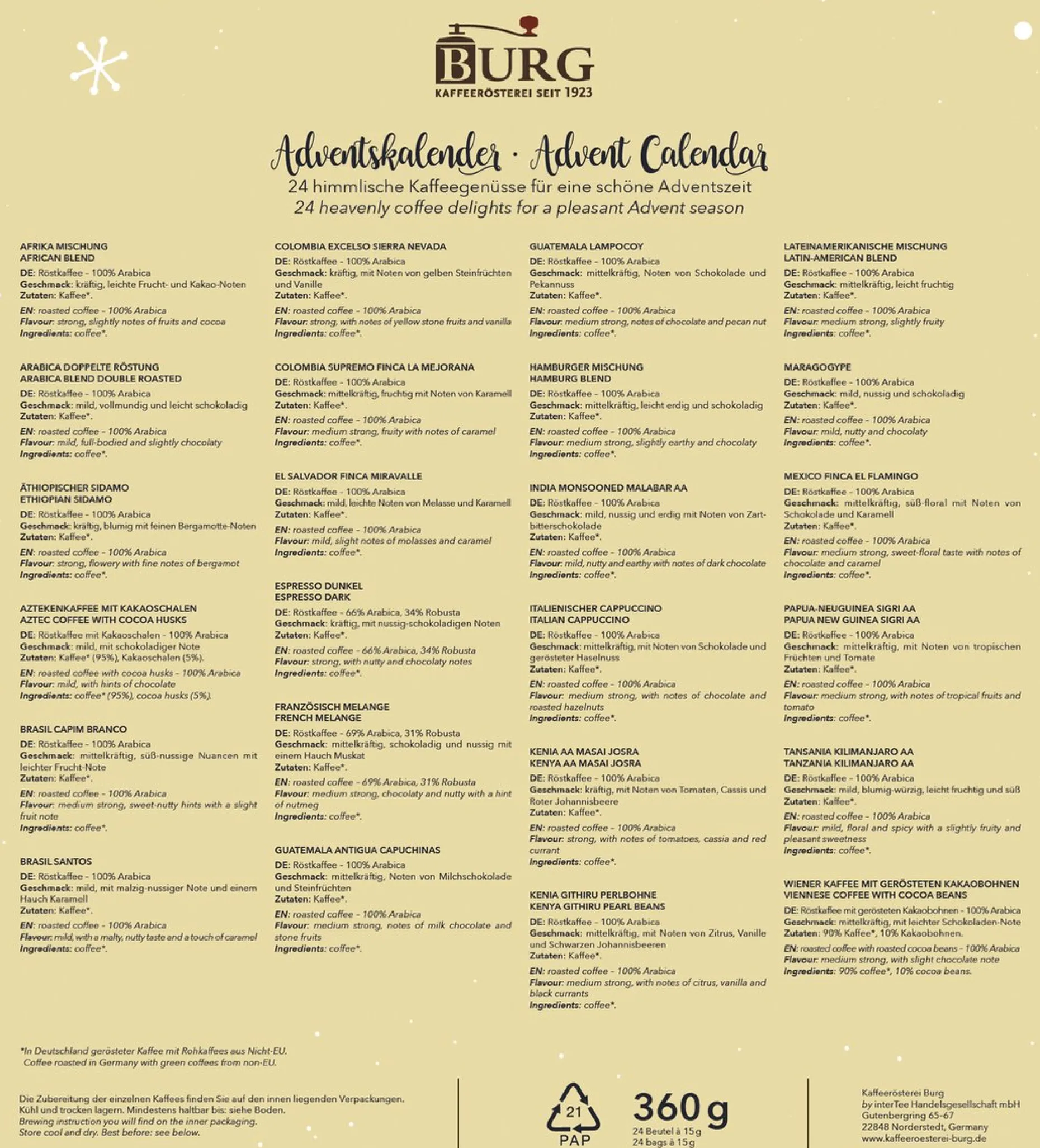 Burg Adventskalenders^Adventkalender - Adventskalender Koffie - Koffieplezier - 24 Verschillende Koffiesoorten