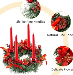 * Adventskrans Kunstkandelaar Kerstmis - Kerstkrans Met 4 Kandelaars Adventkrans, Decoratie, Tafeldecoratie Voor Kaarsen, Puntige Kaarsen, 30 Cm, Rood, 30 Cm New