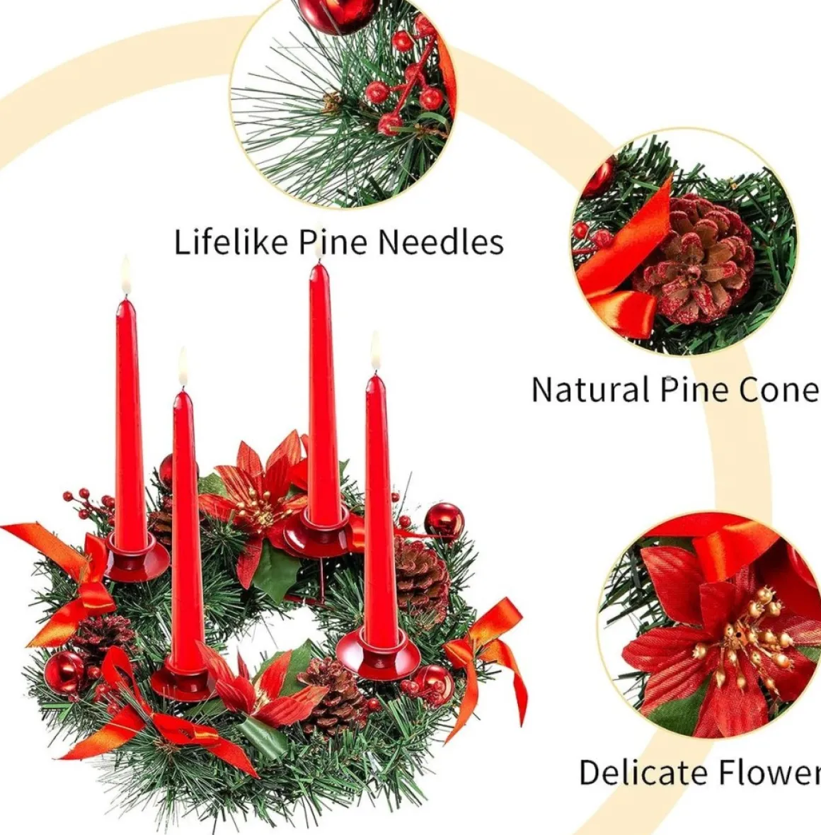* Adventskrans Kunstkandelaar Kerstmis - Kerstkrans Met 4 Kandelaars Adventkrans, Decoratie, Tafeldecoratie Voor Kaarsen, Puntige Kaarsen, 30 Cm, Rood, 30 Cm New
