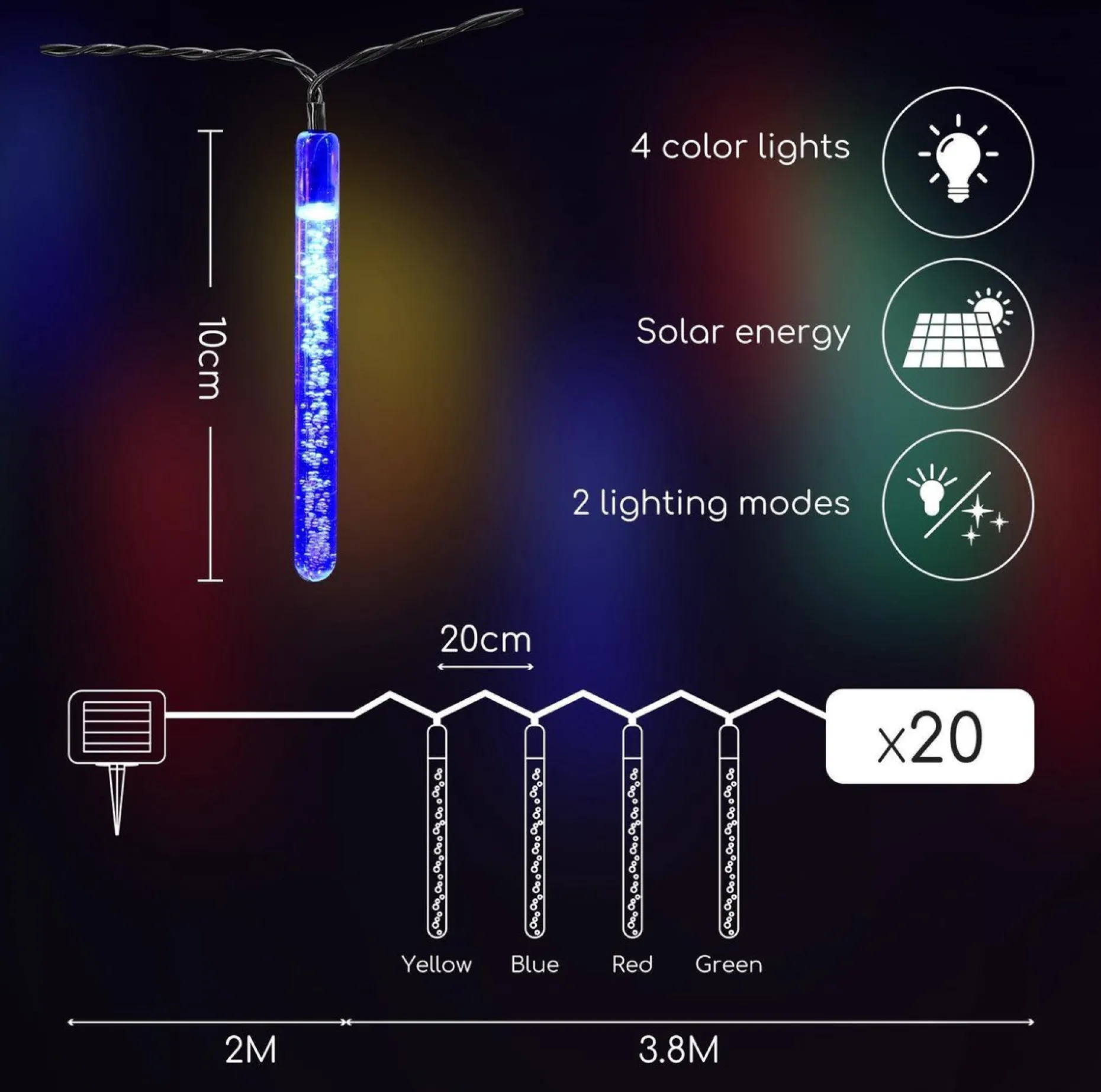 Aigostar Kerstlichtsnoeren^ 10Vrl Tuinverlichting Lichtsnoer - Kerstverlichting Buiten - Zonne Energie - 20 Led - Partyverlichting - 5.8M - Buiten