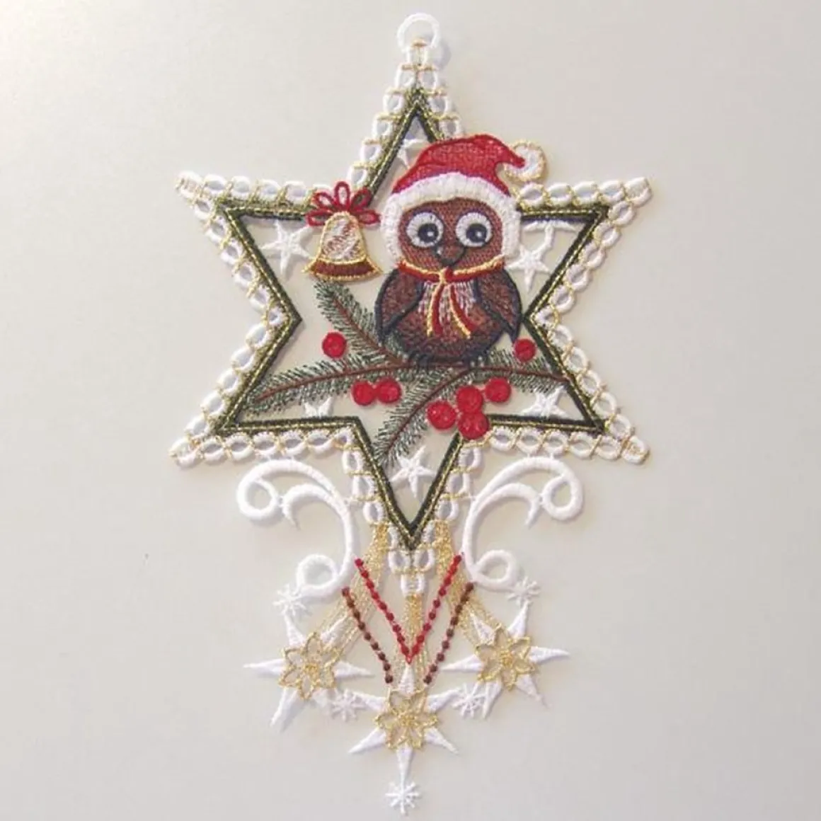 Merkloos Artisanale - Kerstdecoratie - Raam - Raamhanger In Kant - Uil Met Kerstmuts In Ster New