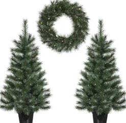 Black Box Kunstkerstbomen^ Trees Glendon Set Van 2 Kerstbomen En 1 Krans Met Led Verlichting - Groen