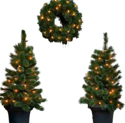 Black Box Kunstkerstbomen^ Trees Glendon Set Van 2 Kerstbomen En 1 Krans Met Led Verlichting - Groen