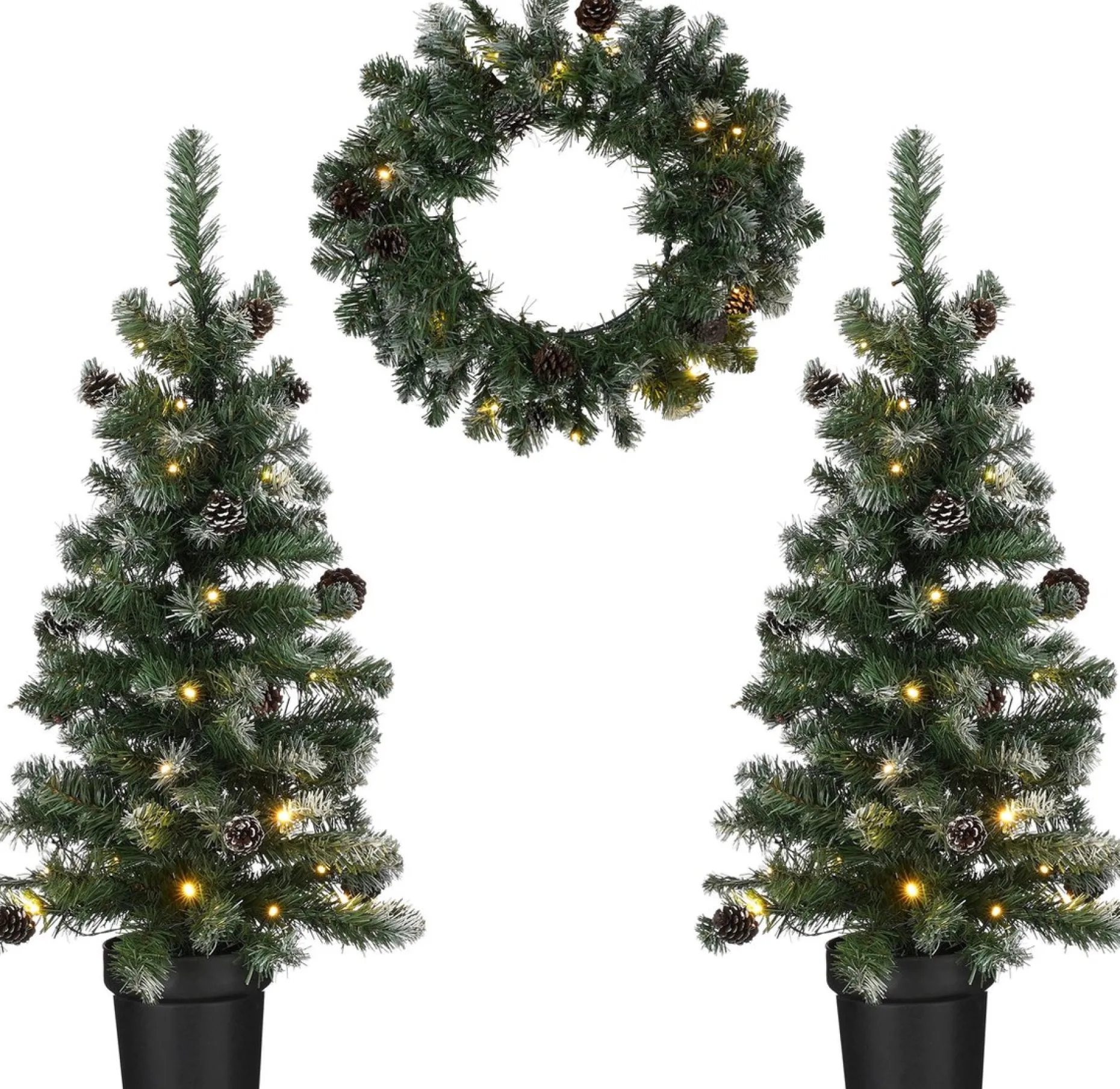 Black Box Kunstkerstbomen^ Trees Norton Set Van 2 Kunstkerstbomen En 1 Kerstkrans Met Led Verlichting Frosted