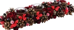 dekoratief Bloemstuk / Tafelstuk / Kerststuk Met Rode Rozen En Dennenappels - 44 X 15 X 8 Cm Hoog. Discount