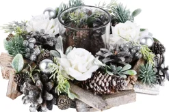 dekoratief Bloemstuk / Tafelstuk / Kerststuk Rond Met 1 Waxinelichtjes Houder Met Witte Rozen - Bruin / Groen / Grijs / Wit - 24 X 24 X 9 Cm Hoog. Sale