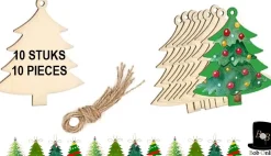 Bob Online Decoratieve Kerstbomen^™ - 10 Stuks - Houten Kerstboom Vormen - Kerstversiering - Kersttafelversiering – Kerstboomversiering – 10 Pcs – Wooden Christmas Tree Shapes – Christmas Tree Decorations – Diy Kerst Slinger Maken – Houten Kerstboom Cadeau Label + Jutekoord