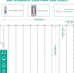 BOTC Lichtgordijnen^ Led Lichtgordijn Sfeerverlichting - Inclusief Afstandsbediening - Led Kerstverlichting Lichtgordijn - 3 Meter - 300 Lichten - Warm Wit