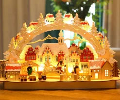 Brubaker 3D Led-Lichtboog, Lichtboog, Winterlandschap Met Oude Stad, Led-Verlichting, Natuurlijk Hout, 43,5 X 27 X 10,1 Cm, Handgeschilderd New