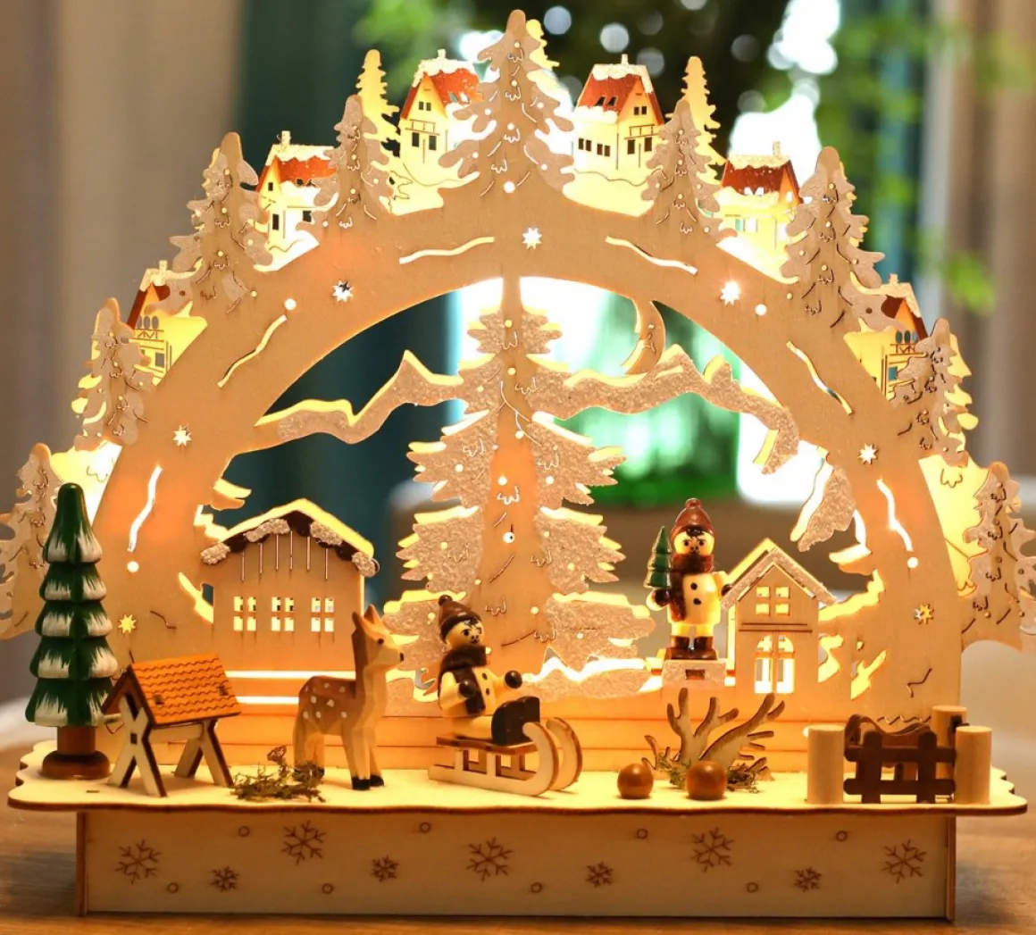 Brubaker 3D Led Lichtboog Lichtboog - Winterlandschap Met Dorp - Led-Verlichting - Hout Natuur - 27,5 X 24,5 X 8,7 Cm - Handbeschilderd Best Sale