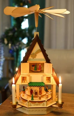 Brubaker Kerstpiramide Adventshaus 49 Cm - Kerststal Op 4 Etages - Kaarsenpiramide Met 4 Kaarshouders Van Metaal - Hout Natuur - Handgeschilderde Figuren Cheap