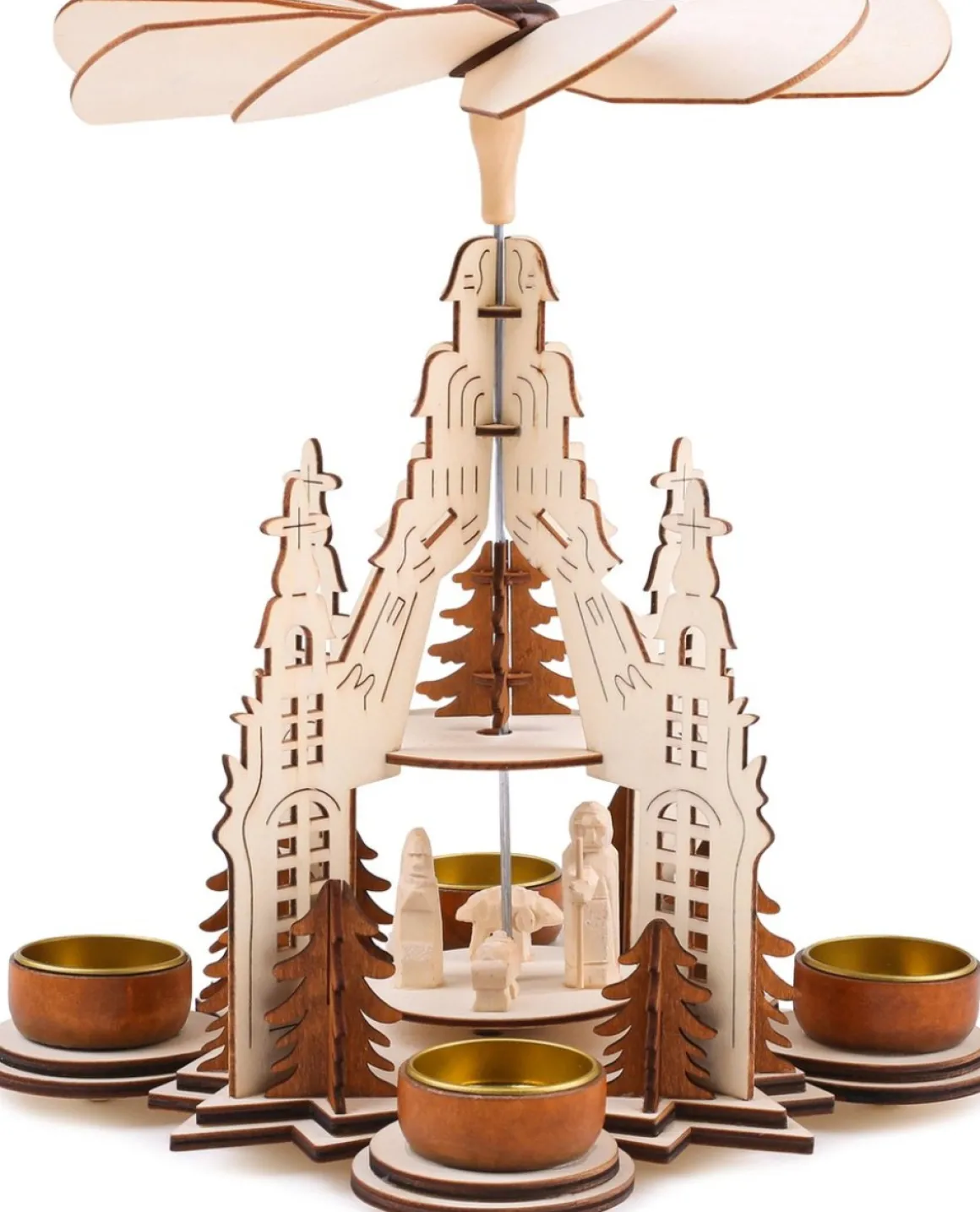 Brubaker Kerstpiramide Kathedraal 29 Cm - Maria, Jozef En Jezus - 2 Etages - Theelichtpiramide Met 4 Theelichthouders Van Metaal - Hout Natuur Shop