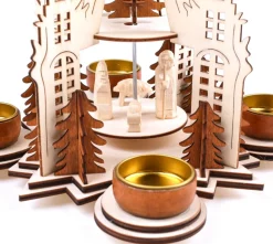Brubaker Kerstpiramide Kathedraal 29 Cm - Maria, Jozef En Jezus - 2 Etages - Theelichtpiramide Met 4 Theelichthouders Van Metaal - Hout Natuur Shop