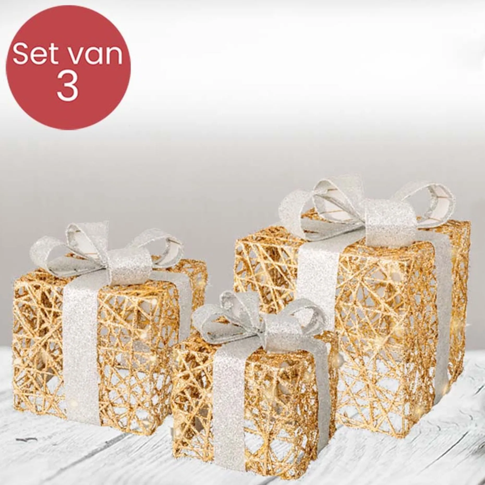 Lumineo Verlichte Kerstfiguren^Cadeau Set Van 3 Met Led Verlichting Zilver