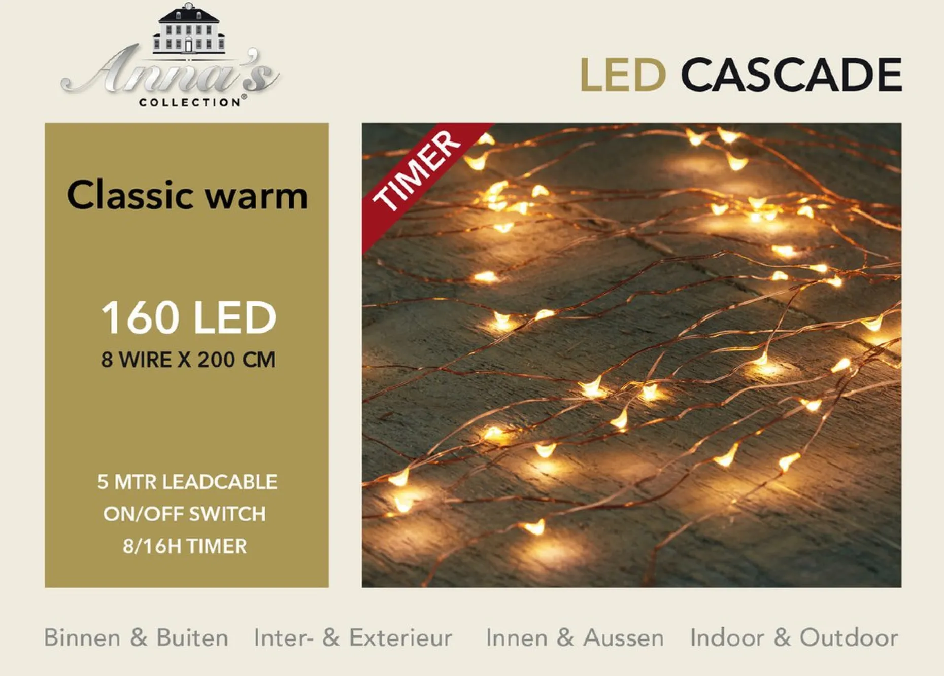 Anna's Collection Kerstlichtsnoeren^Cascade Draadverlichting Lichtsnoer Met 160 Lampjes Classic Warm Wit Met 8 Lichtdraden - Lichtsnoeren - Kerstverlichting