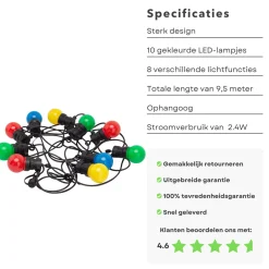 Cheqo Lichtslangen^® Feestverlichting - Lichtsnoer - Tentverlichting - Fairy Lights - 10L, 3V/20Ma - 8 Lichtfuncties - 50Cm Afstand - 9.50M Snoer - Ip44 Beschermwaarde - 2.4W Power Consumption - Ophangoog - Binnen & Buiten