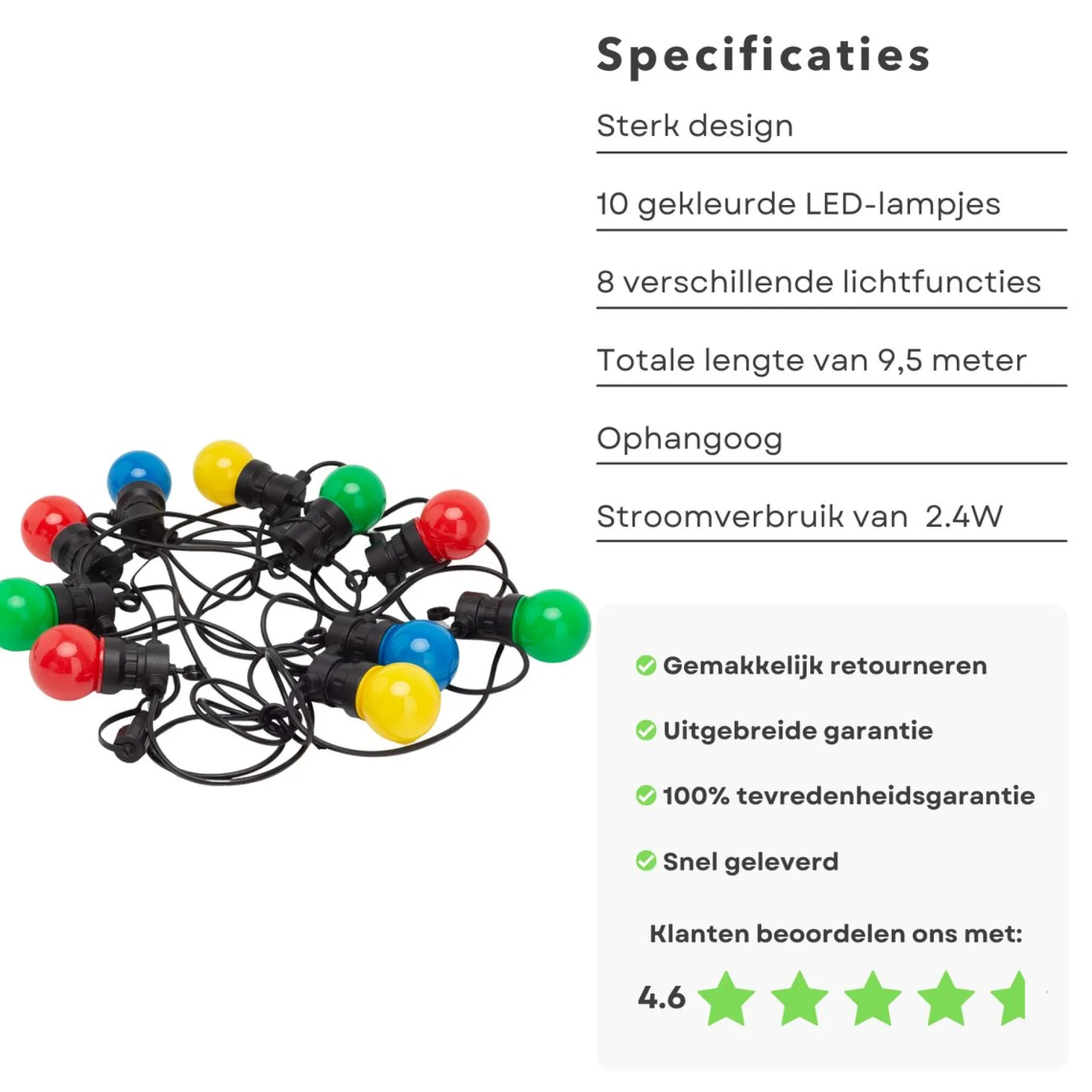 Cheqo Lichtslangen^® Feestverlichting - Lichtsnoer - Tentverlichting - Fairy Lights - 10L, 3V/20Ma - 8 Lichtfuncties - 50Cm Afstand - 9.50M Snoer - Ip44 Beschermwaarde - 2.4W Power Consumption - Ophangoog - Binnen & Buiten