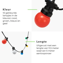 Cheqo Lichtslangen^® Feestverlichting - Lichtsnoer - Tentverlichting - Fairy Lights - 10L, 3V/20Ma - 8 Lichtfuncties - 50Cm Afstand - 9.50M Snoer - Ip44 Beschermwaarde - 2.4W Power Consumption - Ophangoog - Binnen & Buiten