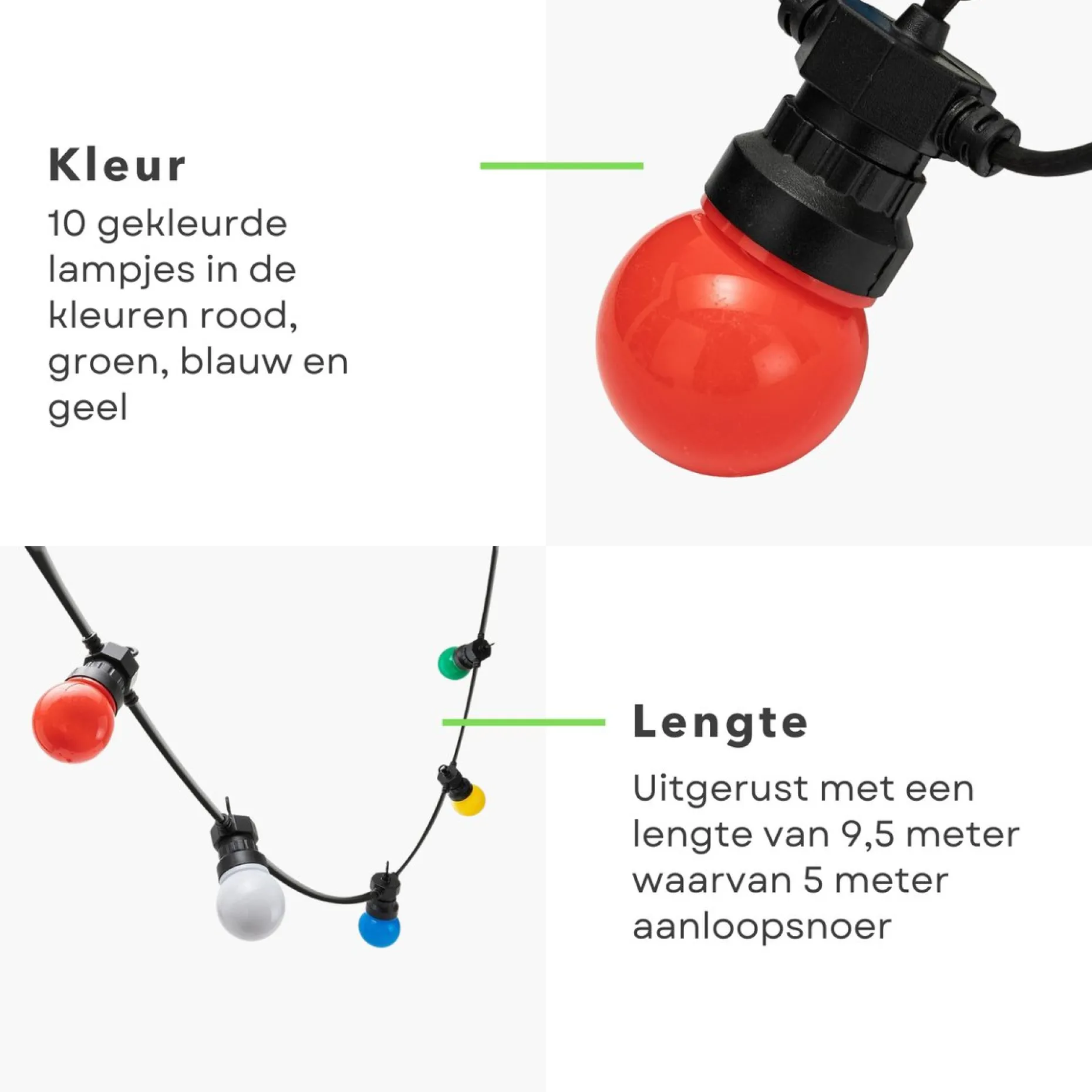 Cheqo Lichtslangen^® Feestverlichting - Lichtsnoer - Tentverlichting - Fairy Lights - 10L, 3V/20Ma - 8 Lichtfuncties - 50Cm Afstand - 9.50M Snoer - Ip44 Beschermwaarde - 2.4W Power Consumption - Ophangoog - Binnen & Buiten