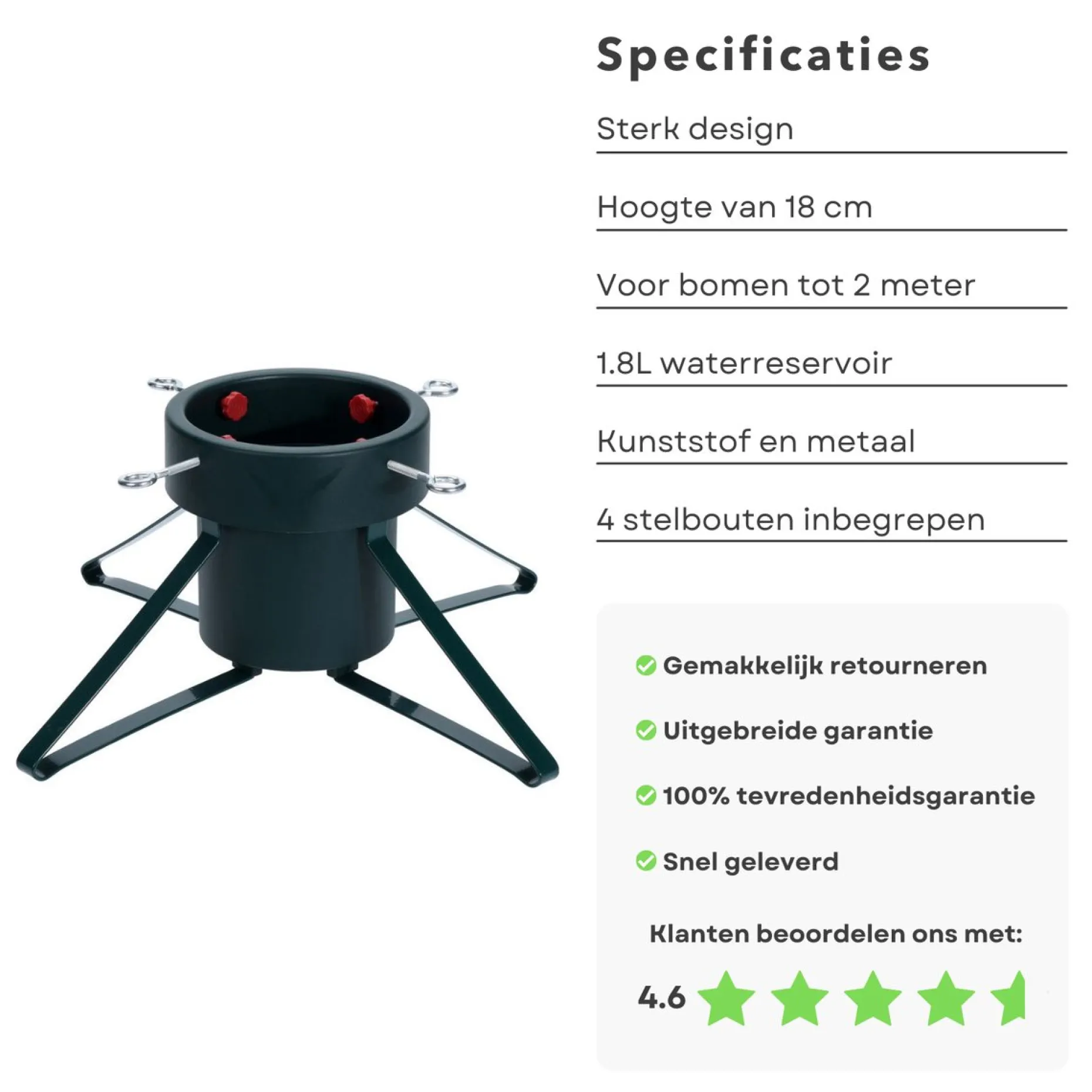 Cheqo Kerstboomstandaarden^® Kerstboomstandaard Met Waterreservoir - Kerstboomvoet Voor Bomen Tot 2 Meter - Kerstboom Standaard - Kerstboom Voet - 1.8 Liter