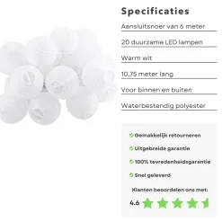 Cheqo Lichtslangen^® Lampionnen Slinger - Feestverlichting - Lichtslang - Lichtslinger Lampion - Lampionnen Met Verlichting - Warm Wit - 10.75 Meter - 20 Lampions