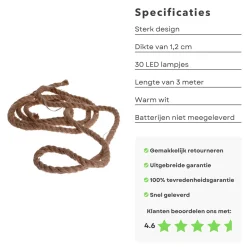 Cheqo Lichtslangen^® Lichtslang Van Jute - Jute Touw - Touw Met Led - Lichtsnoer Touw - Touwverlichting - Kerstverlichting - 3 Meter - Op Batterijen