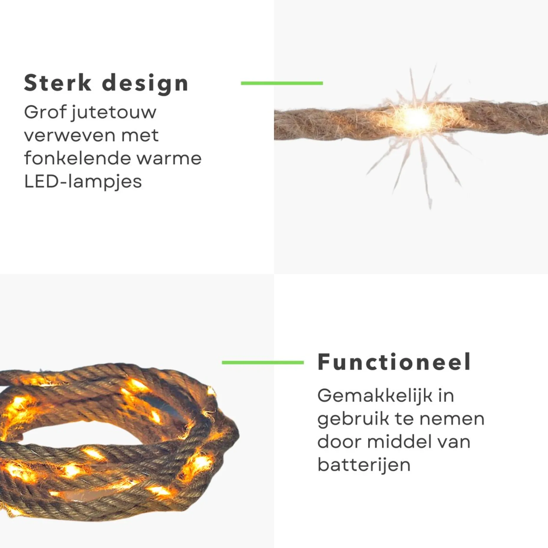 Cheqo Lichtslangen^® Lichtslang Van Jute - Jute Touw - Touw Met Led - Lichtsnoer Touw - Touwverlichting - Kerstverlichting - 3 Meter - Op Batterijen