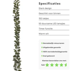 Cheqo ® Xl Guirlande Met Kerstverlichting - Kerstlampjes - Kerstslinger - Warm Wit - 270Cm - 150 Takjes - 50 Led - Met Timer Functie New
