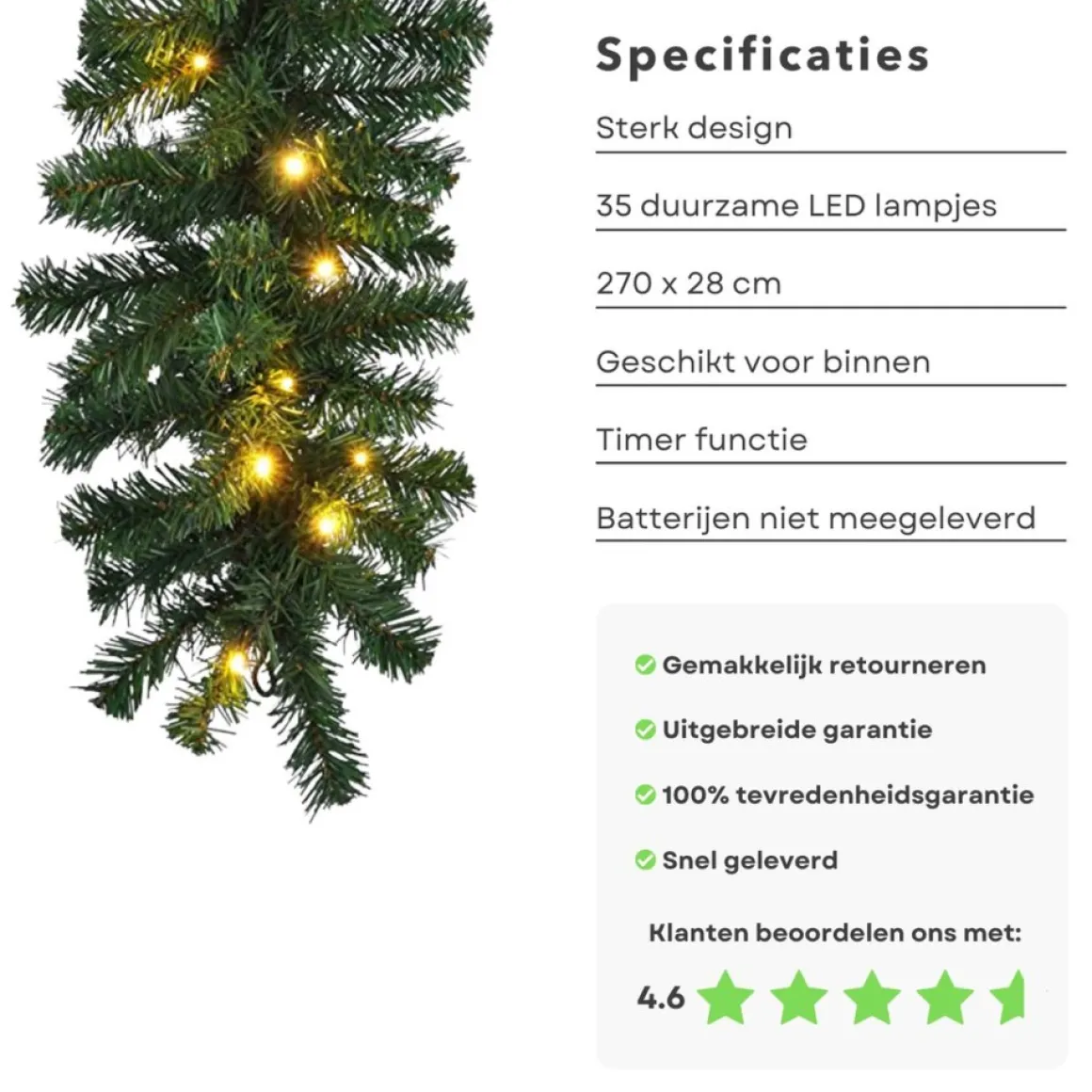 Cheqo ® Xl Guirlande Met Kerstverlichting - Kerstlampjes - Kerstslinger - Warm Wit - 270Cm - 150 Takjes - 35 Led - Met Timer Functie Outlet