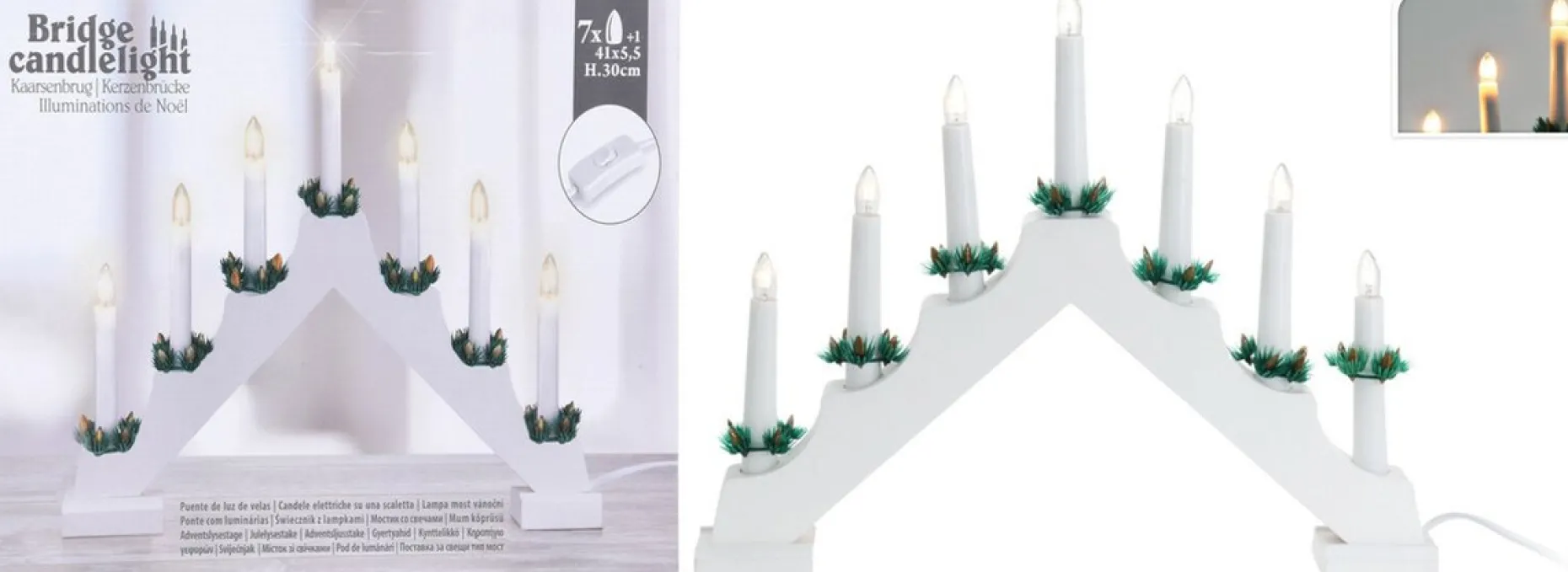 Christmas Decoration Verlichte Kerstfiguren^ Kaarsenbrug - 41 X 6 X 30 Cm -Hout - Wit -7 Leds