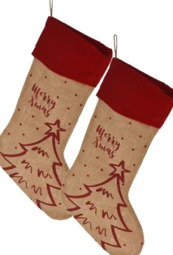 Merkloos Christmas Decoration Kerstsokken - 2X St- Rode Rand - H52 Cm - Jute/Polyester Flash Sale