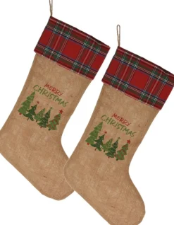 Merkloos Christmas Decoration Kerstsokken- 2X St - Geruite Rand - H52 Cm - Jute/Polyester Shop