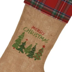 Merkloos Christmas Decoration Kerstsokken- 2X St - Geruite Rand - H52 Cm - Jute/Polyester Shop