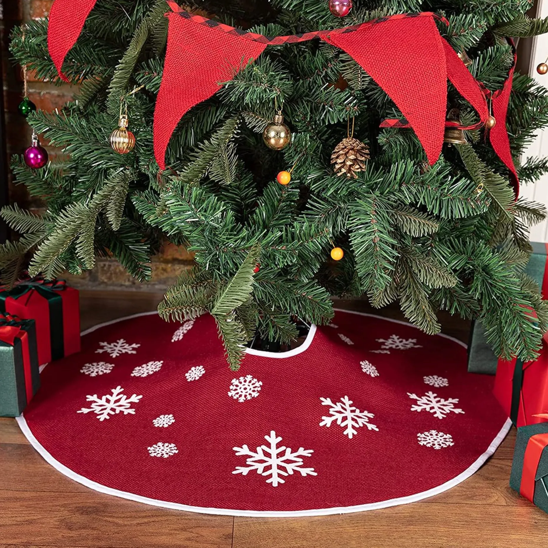 Selwo Kerstboomstandaarden^75 Cm Kerstboom Rok Rood Jute Kerstboomtapijt Ornamenten Decoratie Voor Kerstmis