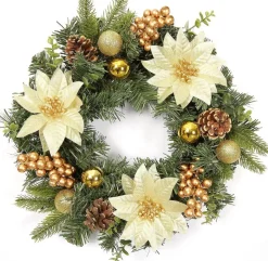 Merkloos 40Cm Kunstmatige Kerstdeurkrans, Kerstslinger Met Kerstballen, Kerstbloemen, Bessen En Dennenappels Voor Voordeur, Open Haard En Wanddecoratie - Goudkleurig Fashion