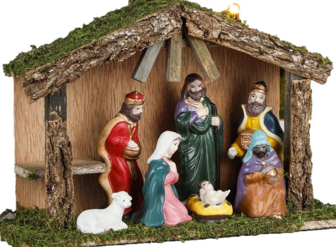 Merkloos Complete Houten Kerststal Inclusief Beelden En Ondergrond - Kerststalletjes Hot