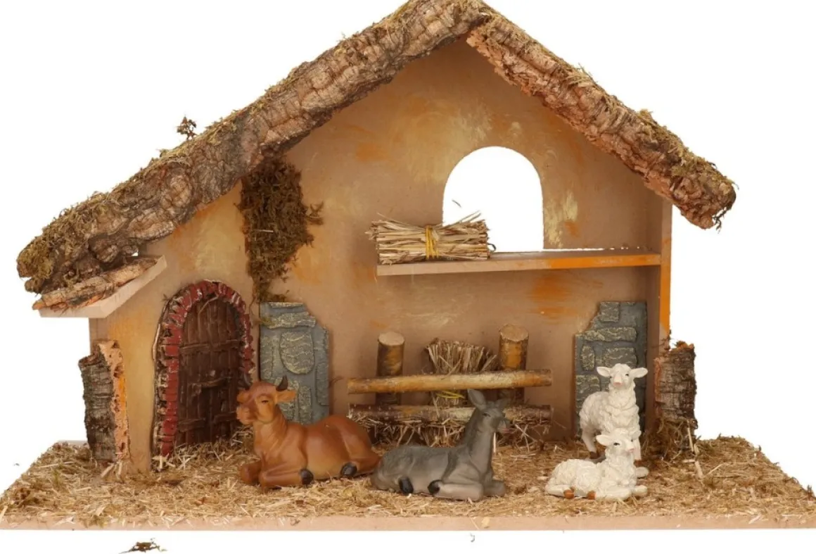 Merkloos Complete Kerststal Met Dieren Beeldjes - 50 X 23 X 31 Cm - Hout/Mos/Polyresin Flash Sale
