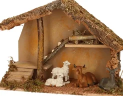 Merkloos Complete Kerststal Met Dieren Beeldjes - 39 X 19 X 28 Cm - Hout/Mos/Polyresin New