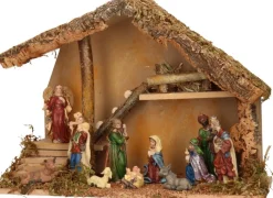 Merkloos Complete Kerststal Met Kerststal Beelden - 39 X 19 X 28 Cm - Hout/Mos/Polyresin Outlet