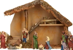 Merkloos Complete Kerststal Met Kerststal Beelden - 39 X 19 X 28 Cm - Hout/Mos/Polyresin Outlet