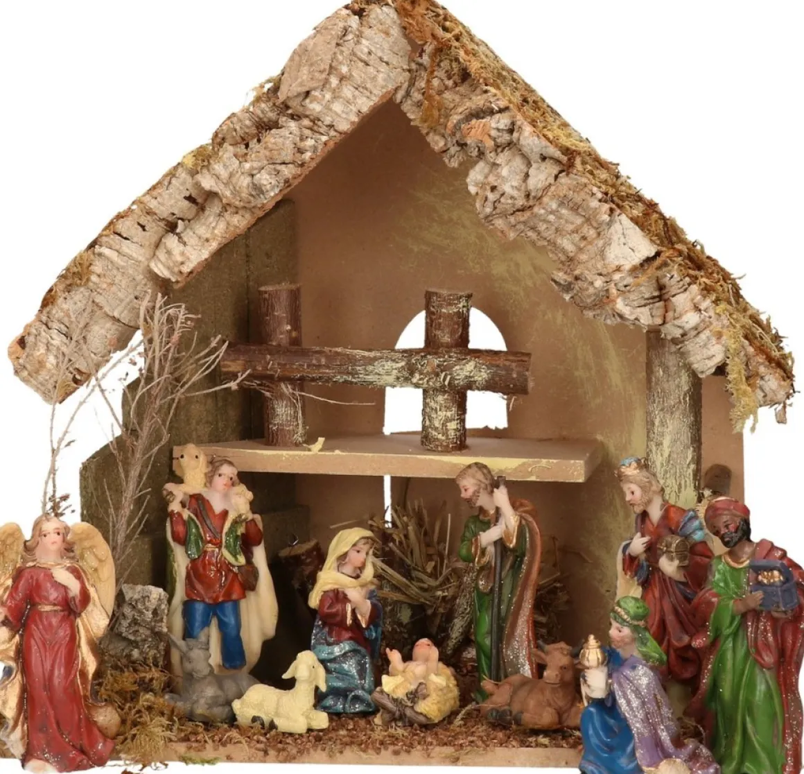 Merkloos Complete Kerststal Met Kerststal Beelden - 30 X 18 X 26 Cm - Hout/Mos/Polyresin Shop