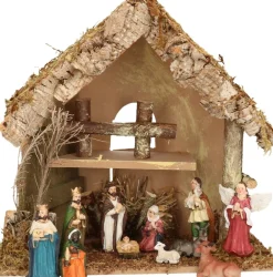 Merkloos Complete Kerststal Met 11X St Kerststal Beelden - 30 X 18 X 26 Cm - Hout/Mos/Polyresin Outlet