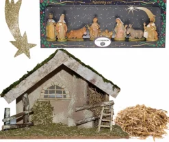 Merkloos Complete Kerststal 42 X 19 X 30 Cm Met Beelden, Stro En Vallende Ster - Kerstdecoratie Kerststallen Clearance