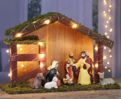Merkloos Complete Verlichte Kerststal Inclusief 9 Beelden En Ondergrond - Kerststalletjes New