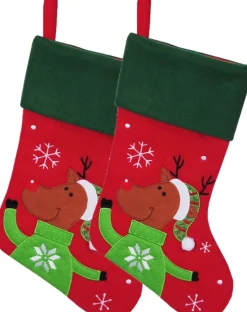 Merkloos Decoratie Kerstsokken - 2X - Rood - Met Rendier - H45 Cm - Polyester Sale