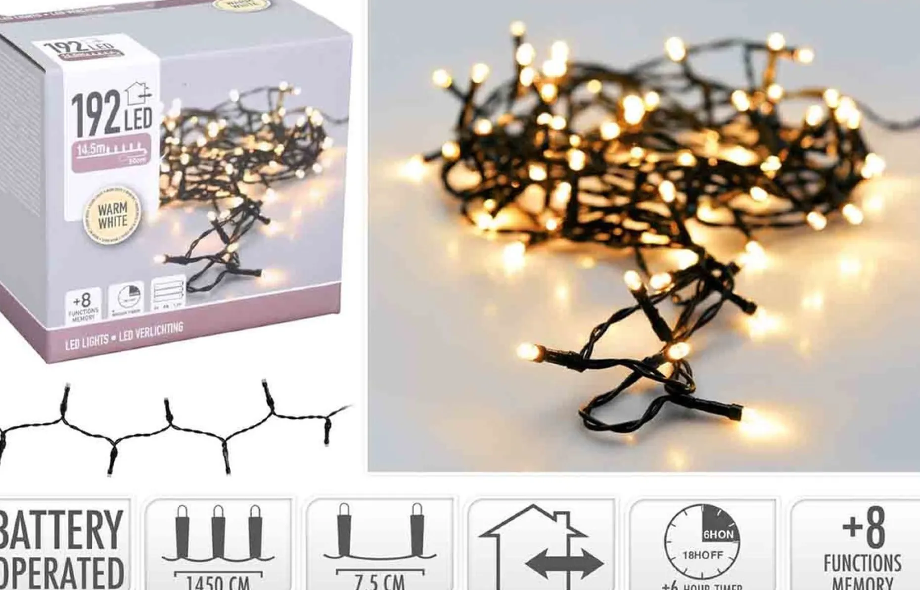 Merkloos Kerstboomverlichting^Decorativelighting Led Verlichting - 192 Led - Warm Wit 1450 Cm