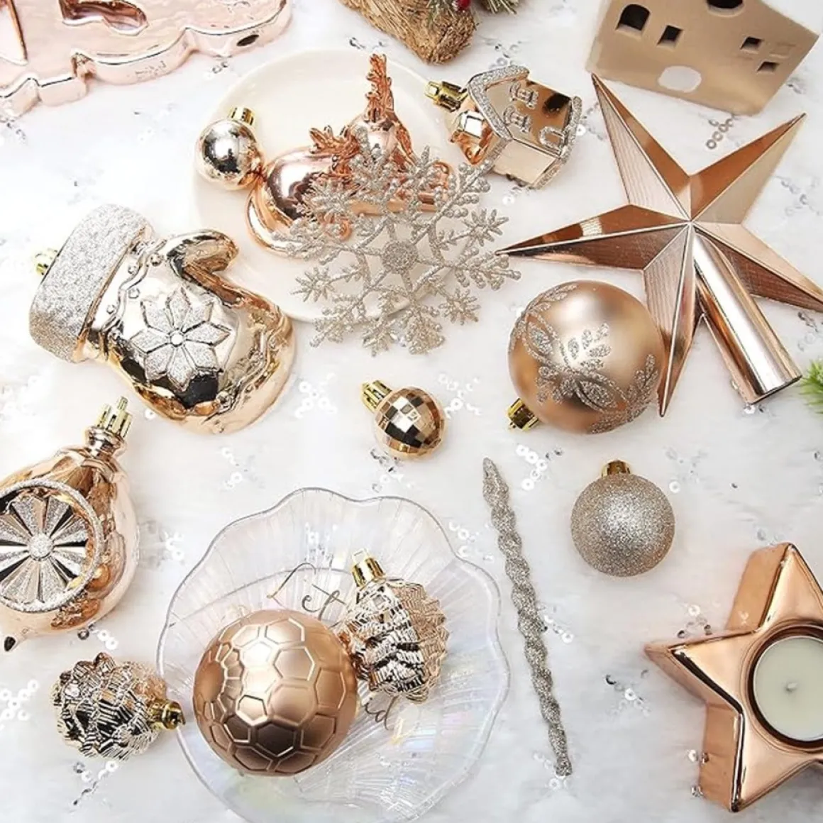 ‘Merkloos’’ 130-Delige Kerstboomdecoratieset, Champagne Kerstballen Ornamenten Onbreekbare Kerstboomversieringen Voor Kerst Bruiloftsfeest Flash Sale