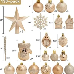 ‘Merkloos’’ 130-Delige Kerstboomdecoratieset, Champagne Kerstballen Ornamenten Onbreekbare Kerstboomversieringen Voor Kerst Bruiloftsfeest Flash Sale