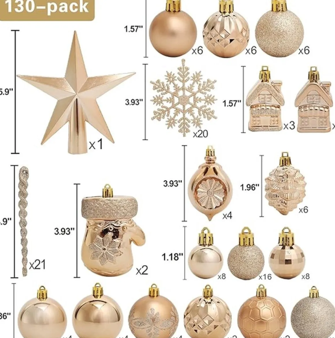 ‘Merkloos’’ 130-Delige Kerstboomdecoratieset, Champagne Kerstballen Ornamenten Onbreekbare Kerstboomversieringen Voor Kerst Bruiloftsfeest Flash Sale