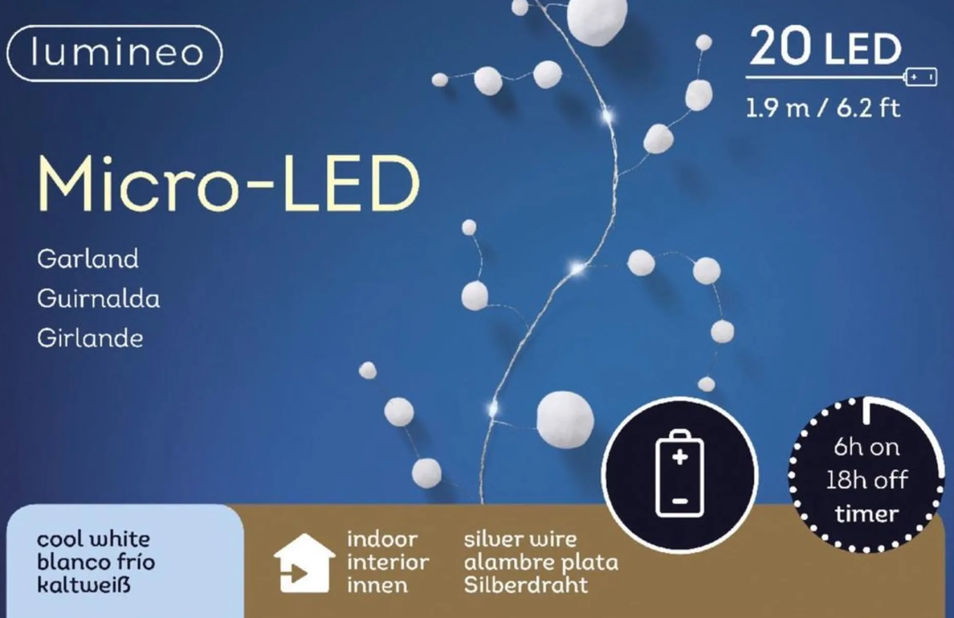 Lumineo Kerstlichtsnoeren^Draadverlichting Zilverdraad Met 20 Sneeuwballen Lampjes 190 Cm - Wit Licht - Kerstdecoratie/Kerstversiering - Kerstverlichting Micro Lichtsnoer Sneeuwbal
